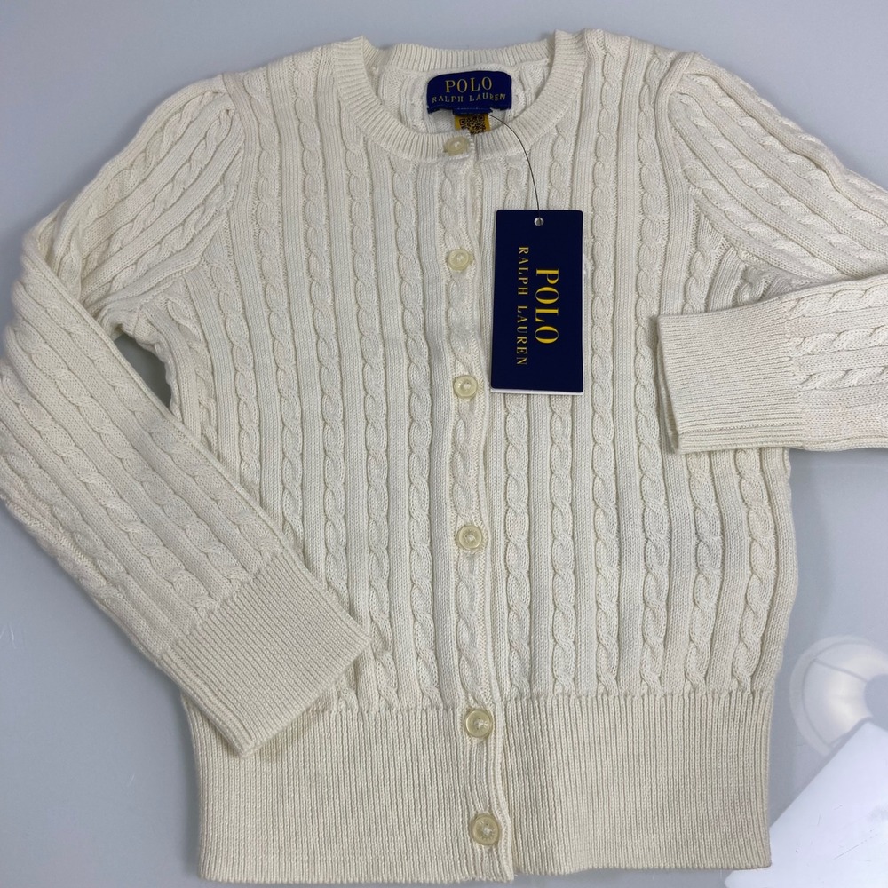 Polo Ralph Lauren Girls 4 White Mini-Cable Cotton Cardigan NEW Cable Knit Button